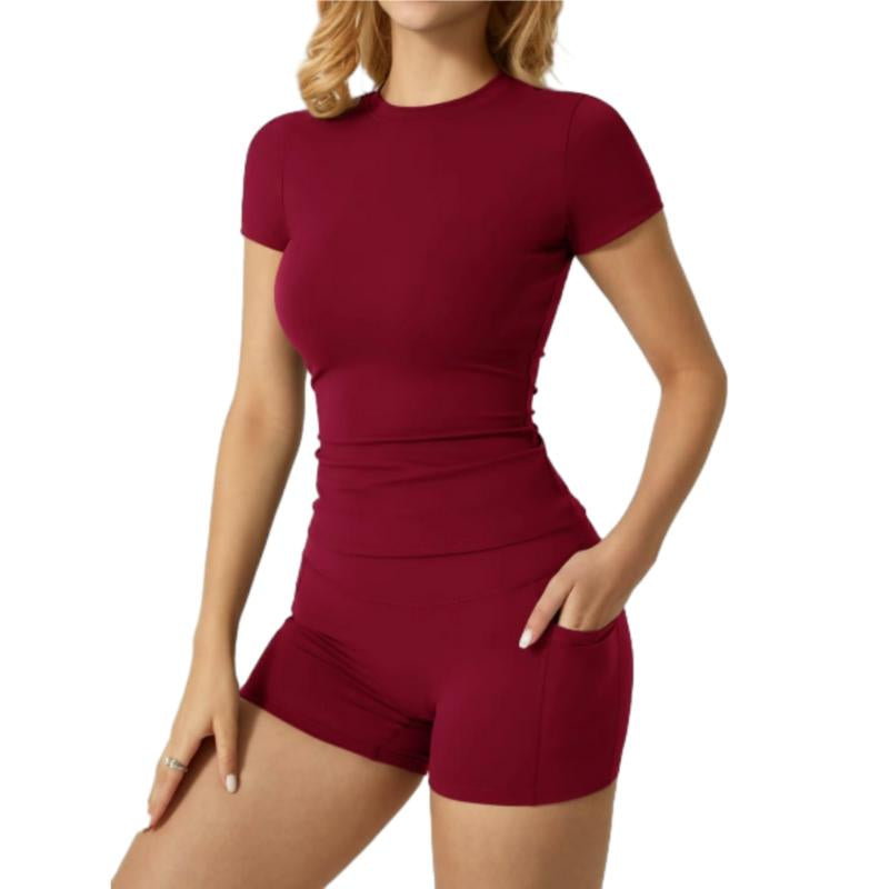 Women’s 2-Piece Activewear Set – High-Stretch Yoga Shorts & Quick-Dry Tee with Side Pockets