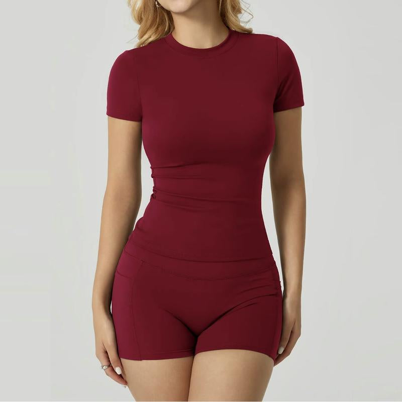 Women’s 2-Piece Activewear Set – High-Stretch Yoga Shorts & Quick-Dry Tee with Side Pockets