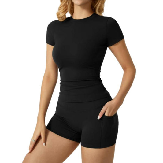 Women’s 2-Piece Activewear Set – High-Stretch Yoga Shorts & Quick-Dry Tee with Side Pockets