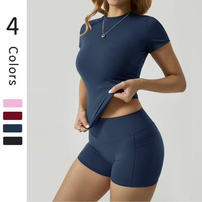 Women’s 2-Piece Activewear Set – High-Stretch Yoga Shorts & Quick-Dry Tee with Side Pockets