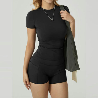 Women’s 2-Piece Activewear Set – High-Stretch Yoga Shorts & Quick-Dry Tee with Side Pockets