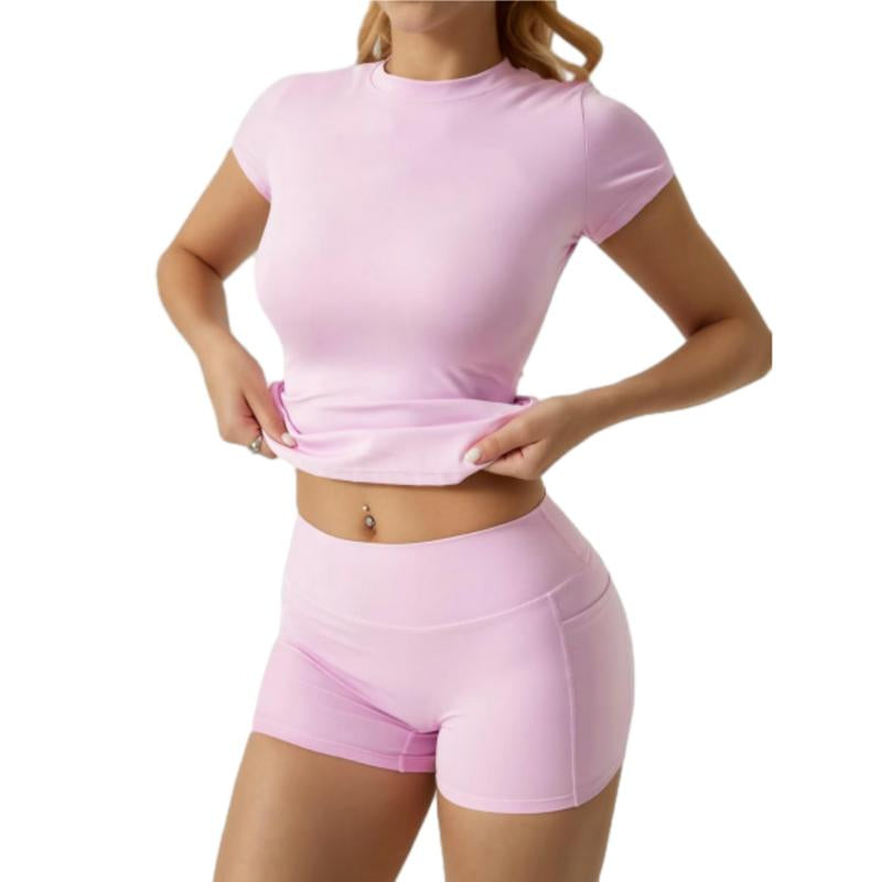 Women’s 2-Piece Activewear Set – High-Stretch Yoga Shorts & Quick-Dry Tee with Side Pockets