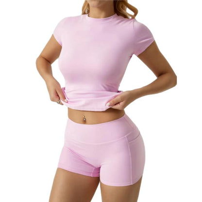 Women’s 2-Piece Activewear Set – High-Stretch Yoga Shorts & Quick-Dry Tee with Side Pockets