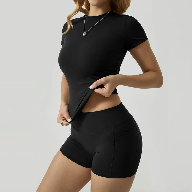 Women’s 2-Piece Activewear Set – High-Stretch Yoga Shorts & Quick-Dry Tee with Side Pockets