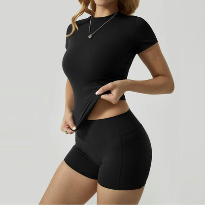 Women’s 2-Piece Activewear Set – High-Stretch Yoga Shorts & Quick-Dry Tee with Side Pockets