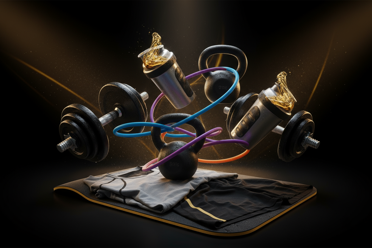 "Create a high-energy, premium scene for a fitness essentials collection. Show gym products like dumbbells, kettlebells, resistance bands, protein shakers, and workout gear arranged dynamically on a dark, powerful background. Use bold lighting with dramatic shadows and golden accents to highlight the products and convey strength, energy, and luxury. Add subtle motion blur, sweat effects, or dust particles to evoke intensity and performance. The composition should feel motivational, professional, and visuall