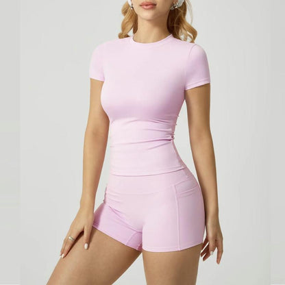 Women’s 2-Piece Activewear Set – High-Stretch Yoga Shorts & Quick-Dry Tee with Side Pockets